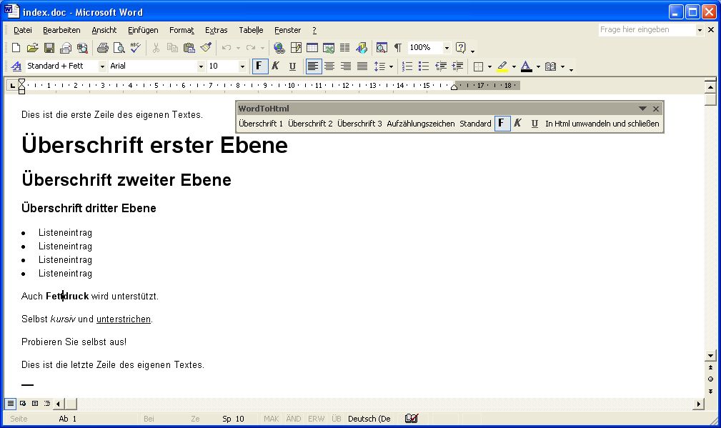 Screenshot des Word-Dokumentes